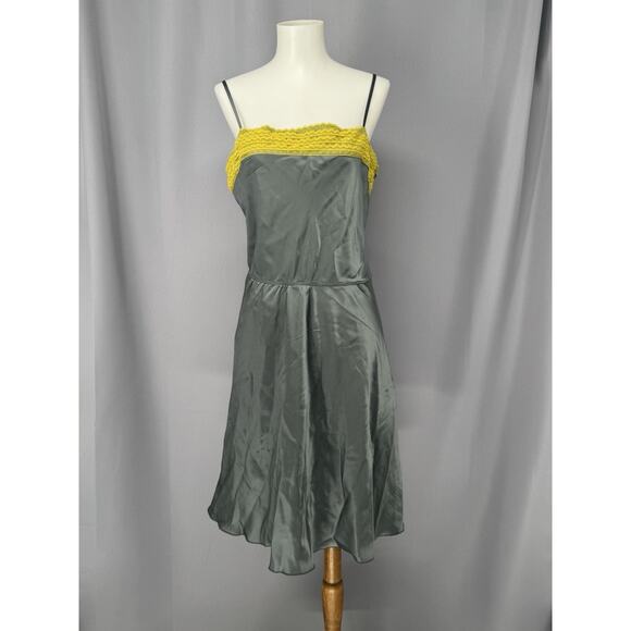 Free People Slip Dress Size Large Gray Yellow Mini Silk Lace Coquette Dainty - Picture 1 of 10